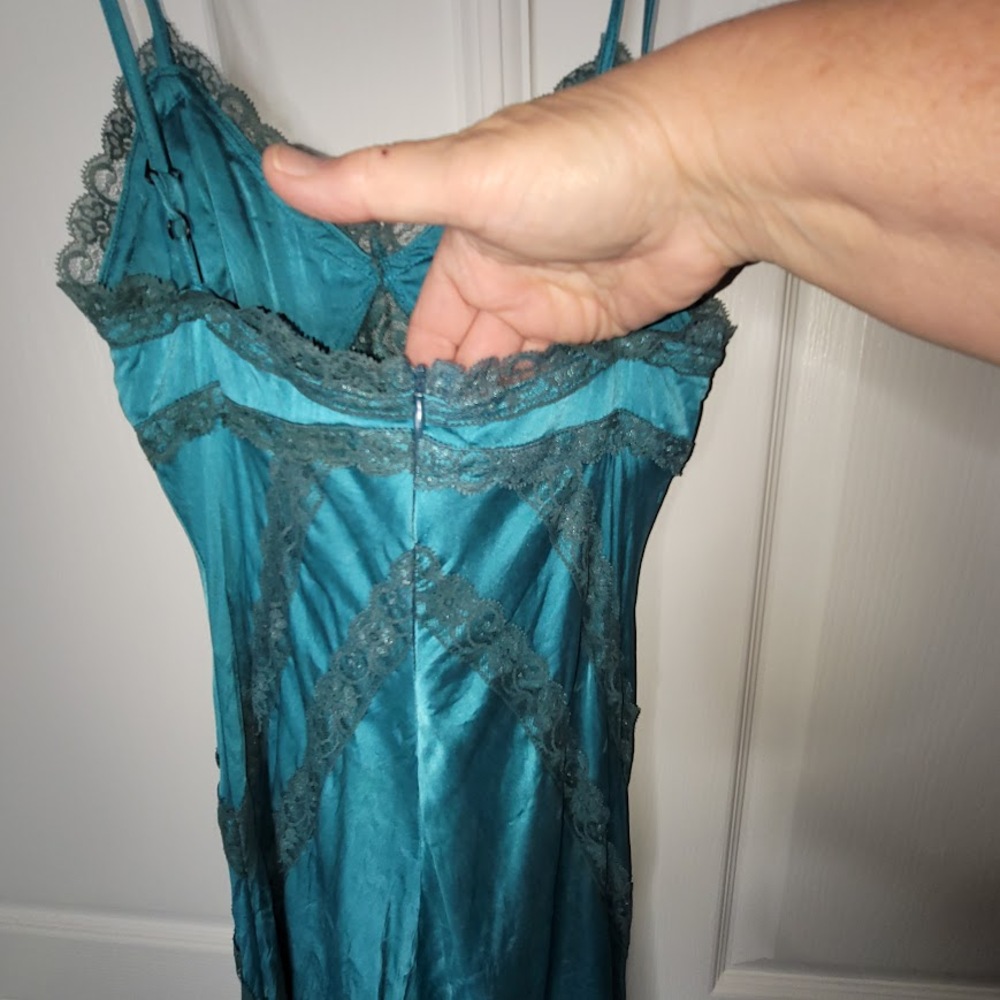 Vintage Turquoise Teal Silk Beaded Halter Slip Dress Size Medium - Picture 3 of 7